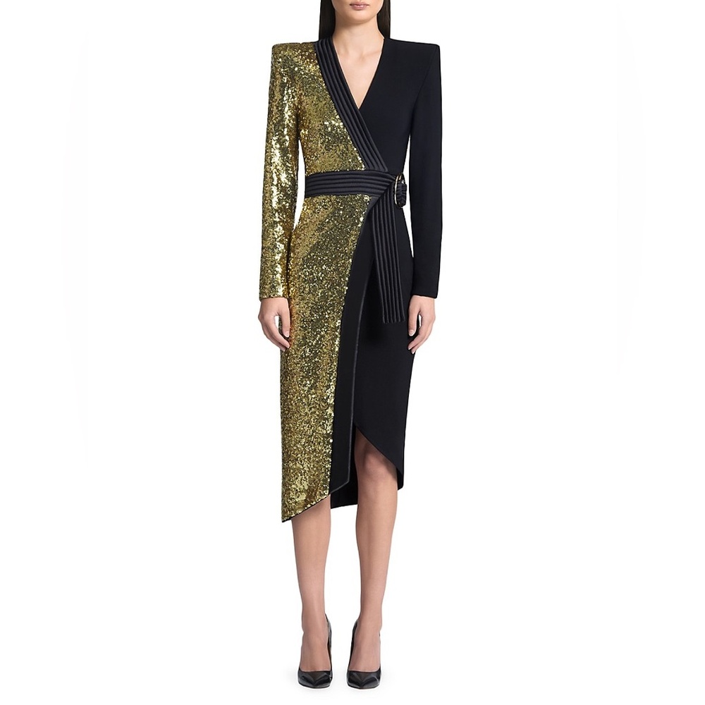 ZHIVAGO Take Off Sequined Two-Toned Wrap Midi-Dress - Black + Gold - US 6 - NWT